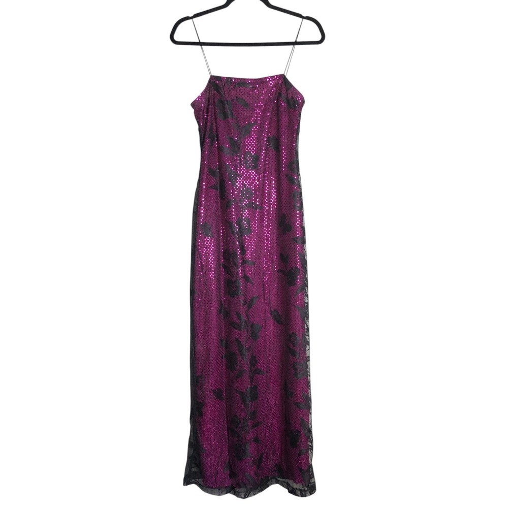Vintage 90's Whimsigoth Rampage‎ Sequined Maxi Dress Black Floral Mesh Size XS